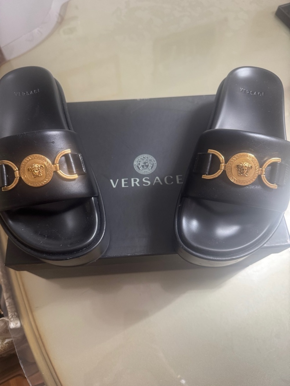Versace Black Slides with Gold Medusa Emblems